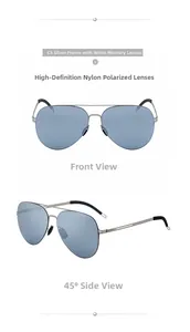 Detail of silver aviator sunglasses featuring premium HD polarized nylon lenses