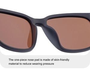 Detail of square sunglasses showing integrated nose pads and matte black frame finish