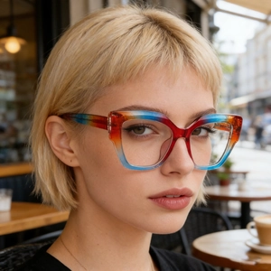 Close-up of cat-eye glasses with a stylish red yellow blue gradient frame on a model
