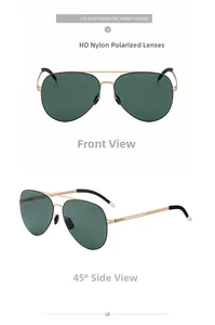 Detail view of gold aviator sunglasses with green polarized nylon lenses from two angles