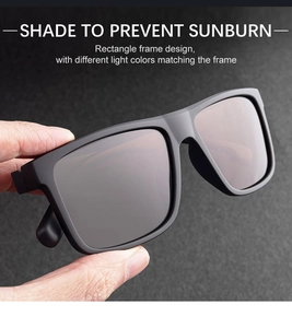Detail of matte black rectangular polarized sunglasses with anti-glare lenses