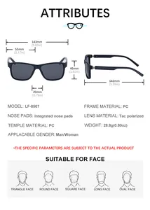 Detailed size specifications for square polarized sunglasses showing frame dimensions