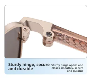 Detail of reinforced metal hinge and wave pattern inner core on amber sunglasses
