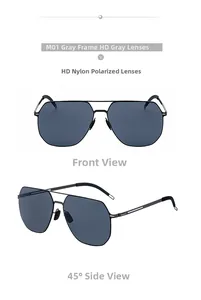 Vues détaillées des lunettes pilote M01 avec verres polarisés en nylon et branches acier