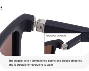 Detail of square polarized sunglasses featuring a durable silver double-action spring hinge