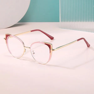 Stylish cat-eye anti-blue light glasses with pink gradient frame and gold metal temples
