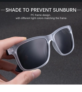 Detail of square polarized sunglasses with matte translucent grey PC frame and dark lens
