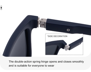 Macro detail of high-quality double-action spring hinge on blue matte polarized sunglasses