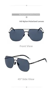Vues détaillées de face et de profil de lunettes aviateur noires avec verres polarisés HD