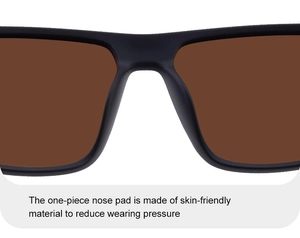 Detail of skin-friendly one-piece nose pads on matte black polarized sunglasses frame