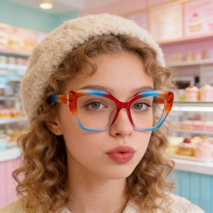 Fashionable oversized cat-eye blue light blocking glasses with vibrant tricolor gradient frames