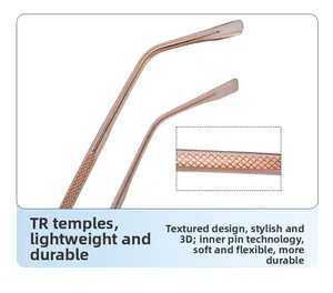 Macro detail of rose gold TR temple featuring anti-slip texture and inner needle technology