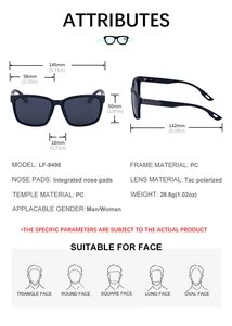 Detailed dimensions of black square polarized sunglasses with PC frame and Tac lenses