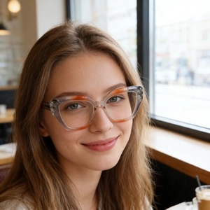 Close-up of stylish grey cat-eye glasses with orange accents on a female model