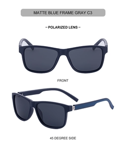Detail view of matte blue polarized sunglasses featuring gray lenses and non-slip temples
