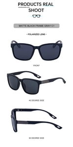 Detail of matte black square frame polarized sunglasses with mesh metal temple accents