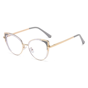 Modern cat-eye anti-blue light glasses with gold metal frame and gray brow accents