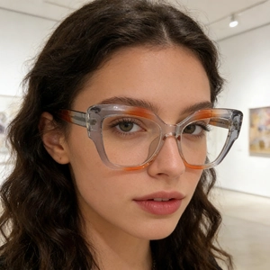 Close-up of cat-eye glasses with transparent grey and orange gradient frames on model