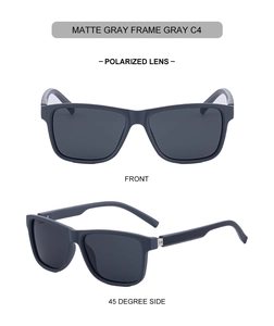 Detail view of matte gray polarized sunglasses featuring anti-slip textured temples and hinges