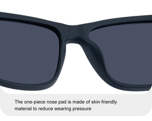 Detail of square polarized sunglasses with a matte black one-piece nose pad for extra comfort