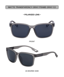 Detail of matte grey square polarized sunglasses with honeycomb texture on temples