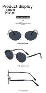 Detailed views of silver metal oval polarized sunglasses with grey TAC lenses, model C3