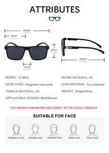 Detailed size specifications and material chart for polarized square sunglasses