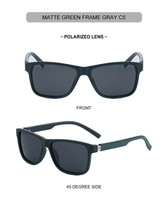 Detail view of matte green polarized sunglasses with non-slip textured temples and gray lenses
