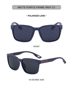 Polarized matte purple square sunglasses with gray lenses and textured temples