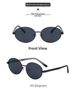 Front and 45-degree views of oval polarized sunglasses with TAC lenses and black frames