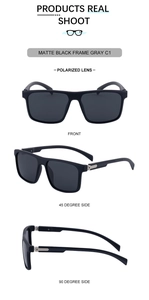 Detail view of matte black square polarized sunglasses with metal temple accents