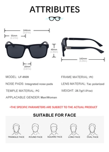 Detailed technical diagram showing dimensions and specs of square polarized sunglasses