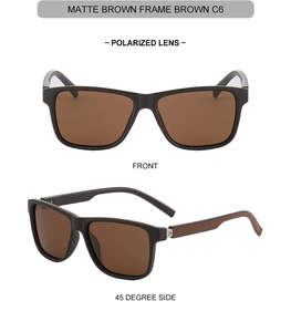 Detail view of matte brown polarized sunglasses for men with textured side temples