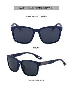 Detail view of matte blue polarized sunglasses with gray lenses and metal hinge from two angles