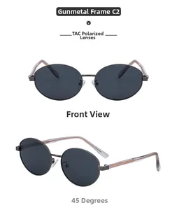 Close-up of gunmetal oval polarized sunglasses showing front and 45-degree side angles