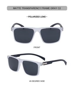 Macro detail of matte transparent frame and gray polarized lens on square sunglasses