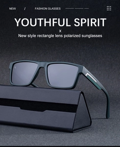 Details einer grünen quadratischen Polarisations-Sonnenbrille mit Klappetui aus Leder