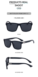 Detail of matte black square polarized sunglasses showing silver hinge and side profile