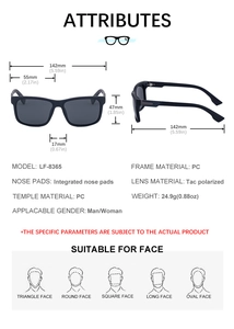 Detailed size chart for square polarized sunglasses with PC frame and Tac lenses