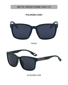 Detail of matte green polarized sunglasses showing front and 45-degree side views