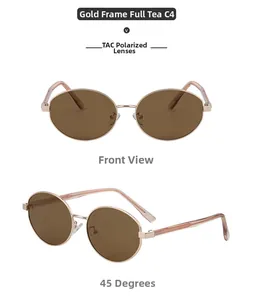 Detail view of retro oval polarized sunglasses with gold metal frame and TAC brown lenses