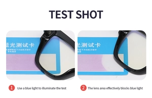 Blue light blocking test showing clear lens protection on cat-eye optical frames