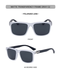 Detail view of square polarized sunglasses with matte transparent grey frames and metal trim