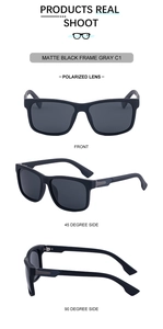 Detail view of matte black polarized square sunglasses for men with grey lenses
