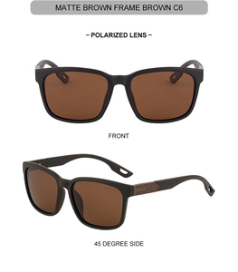 Detailed views of matte brown square polarized sunglasses with textured temples