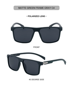 Detailed macro view of matte green square frame polarized sunglasses with gray lenses