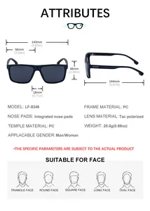 Detailed size chart for square polarized sunglasses with precise frame measurements