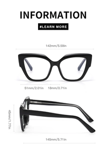 Detailed size specifications of cat eye glasses frames with specific measurements