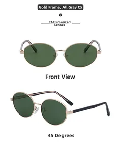 Detail view of oval gold metal frame sunglasses with polarized grey lenses and C5 model mark
