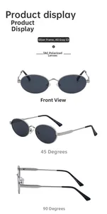 Vues détaillées de lunettes de soleil ovales, monture argentée et verres polarisés TAC